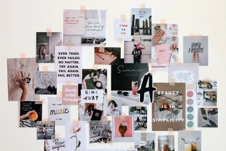 A collage of pictures taped to the wall. How to create a vision board.