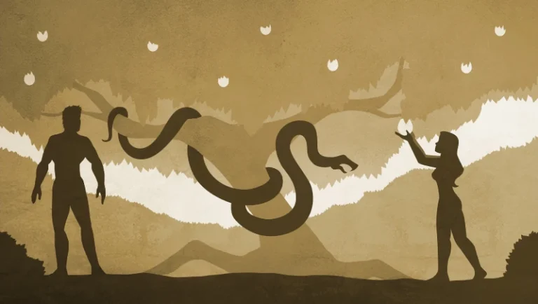 Silhouette depicting a religious scene with two individuals standing on either side of a tree. One of them appears to be reaching for an apple, while a large snake is seen unraveling. Is manifestation a sin.