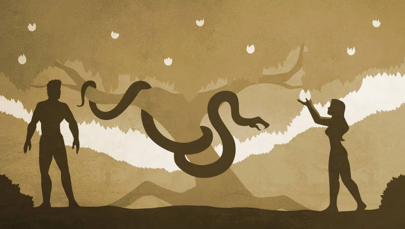 Silhouette depicting a religious scene with two individuals standing on either side of a tree. One of them appears to be reaching for an apple, while a large snake is seen unraveling. Is manifestation a sin.