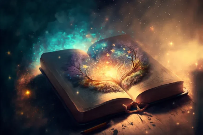 A magical book opened with blue and orange particles floating around. Start a manifestation journal.