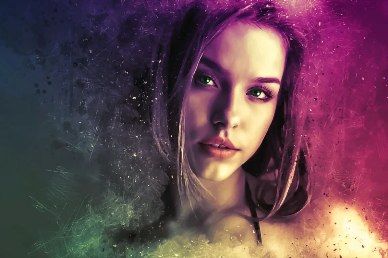 Close up of a womans face emerging from magical colors of particles. How to manifest beauty.