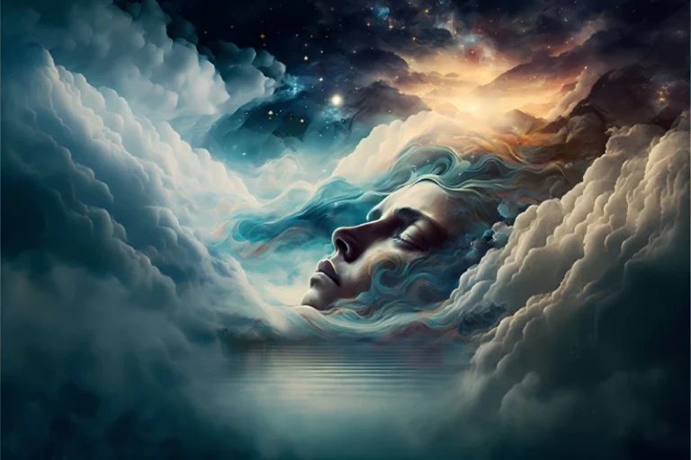 A person's face sleeping, cradled in orange and blue clouds. Manifest success while you sleep.