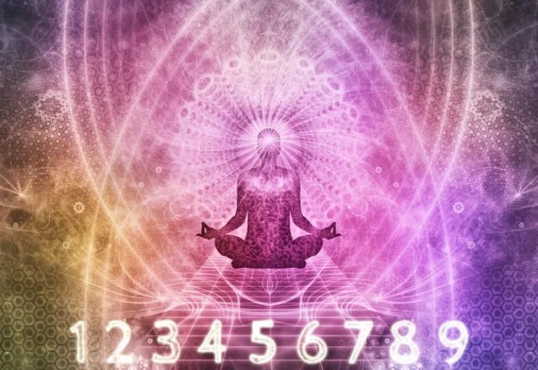 Outline of a person meditating. Background is magical with pink and purple swirls with the numbers 1-9 showing. Planes of expression numerology.