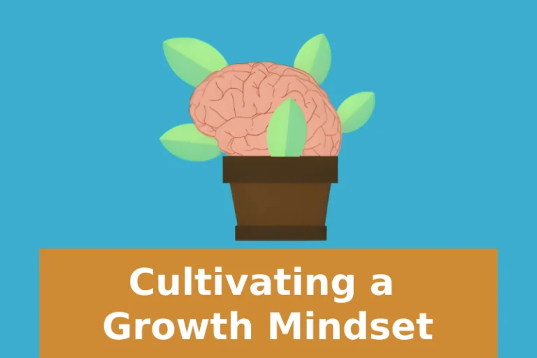 A cartoon brain growing from a pot with leaves. Cultivating a growth mindset.