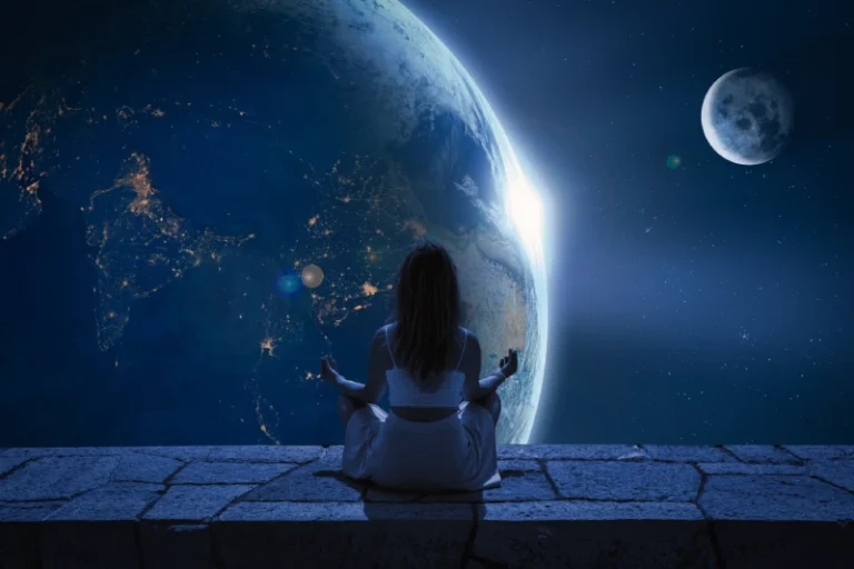 A person meditating on a ledge in outer space, overlooking Earth and a full moon. How to manifest on a full moon.