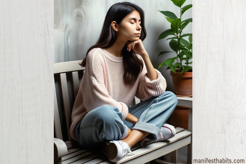 Image of a Woman sitting on a stone bench in a corner, legs crossed and eyes closed, symbolizing deep inner reflection.