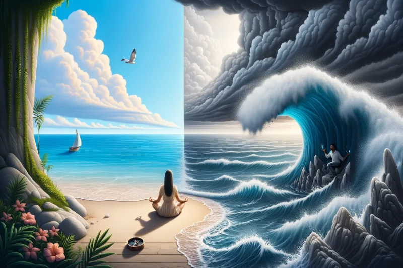 Image of a peaceful beach scene split in two. On the left, a clear blue sea with a woman meditating, showing real intuition. On the right, a stormy sea with a man navigating rough waters, showing false signals.