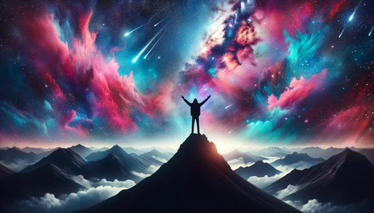 A Person silhouetted on mountain peak with arms raised, galaxy backdrop with shooting stars and colorful clouds, symbolizing how to manifest a miracle.