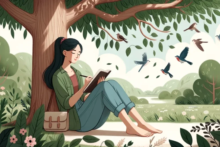 Cartoon woman journaling under tree with nature background. How to manifest by writing.