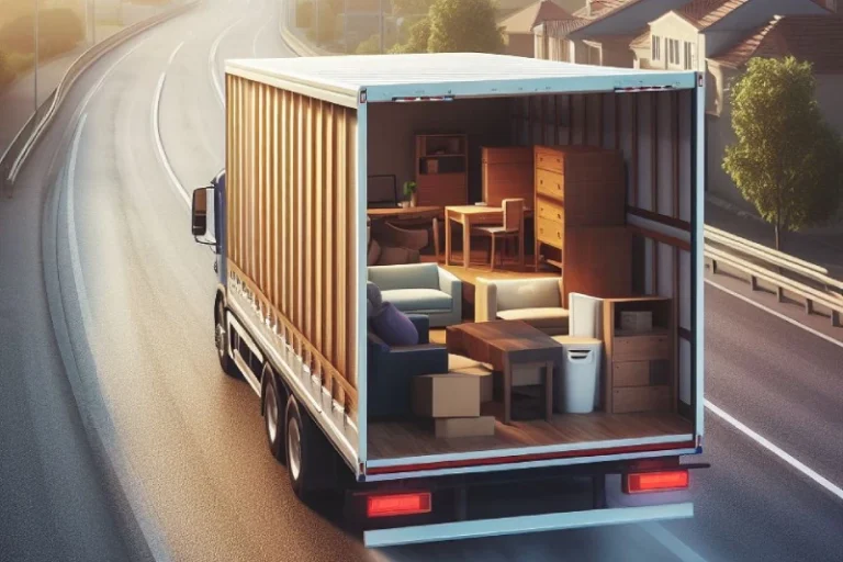 A moving truck driving down a road with the back open showing organized furniture. How to manifest moving to another state.