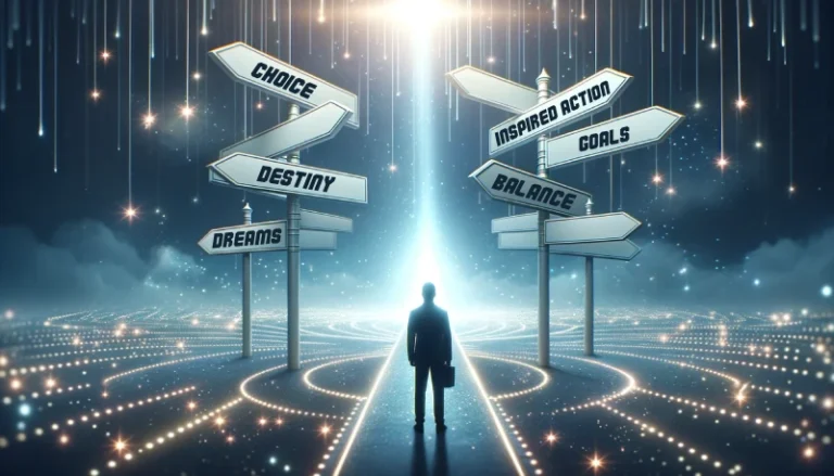 A person standing at a crossroads with signs and a bright light guiding them. Manifesting beyond destiny.