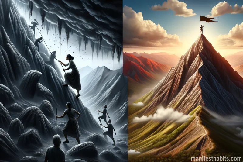 Image of a mountain landscape with two contrasting sides. On the left, a person climbs a shadowy, steep mountain, facing obstacles like slippery rocks and fierce winds, representing struggle and challenges. On the right, a person stands on a sunlit peak, holding a flag, symbolizing triumph and victory.