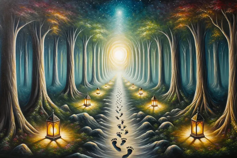 A path, illuminated by lanterns, with footprints leading into a mystical forest. Taking Inspired Action.