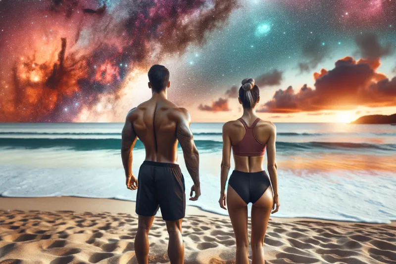 A fit woman and man standing on a beach, looking at the horizon with a galaxy in the sky. How to manifest your dream body.