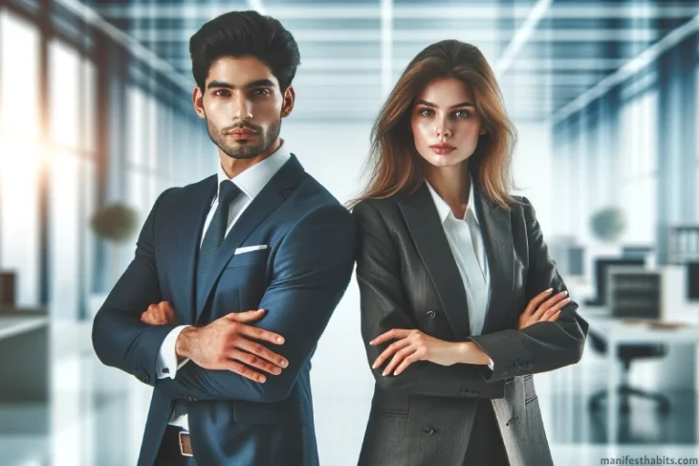 A man and a woman both dressed in business suits, with their arms crossed, being assertive without being aggressive.