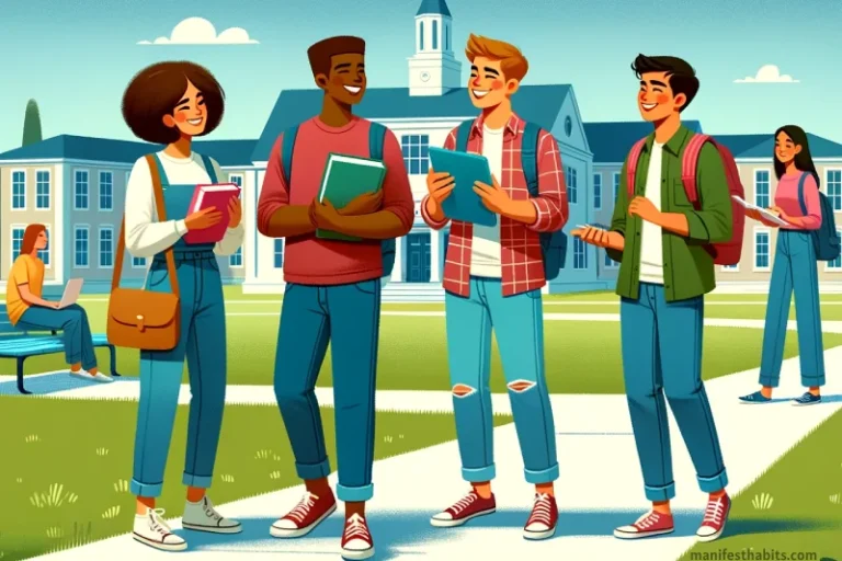 Vibrant cartoon illustrating how to manifest college tuition, set on a college campus. In the foreground, three diverse students are engaged in a cheerful conversation.