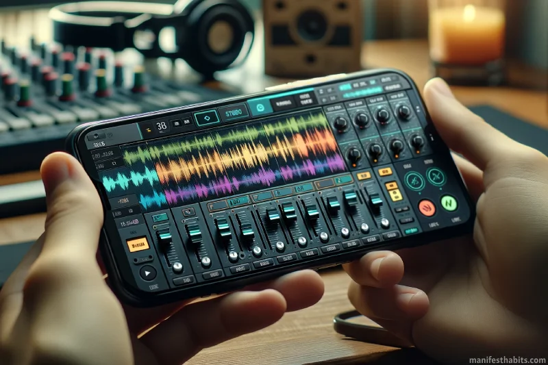 Image of a close-up smartphone screen displaying a digital audio workstation interface, showing a studio audio track.