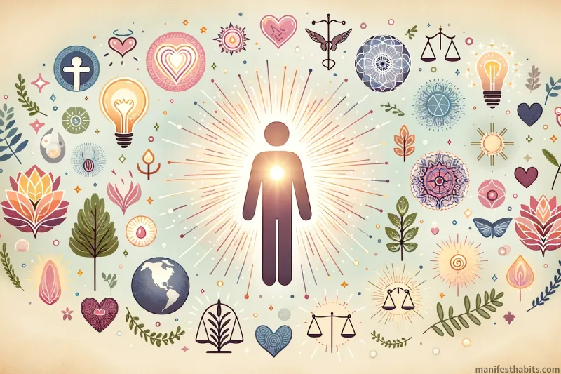 Graphic showing a glowing person encircled by symbols that indicate successful personal affirmations.