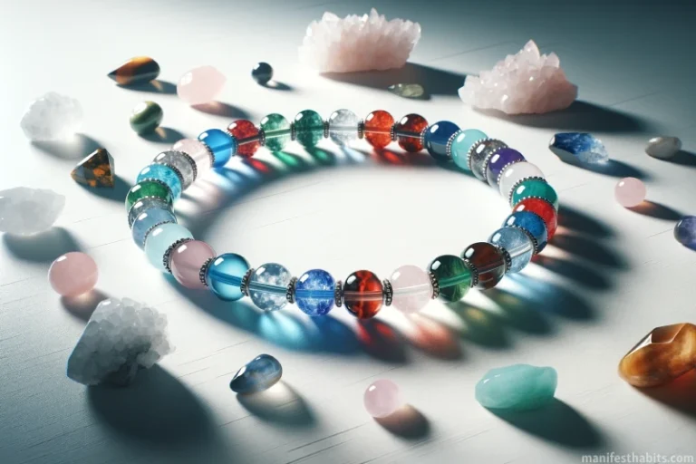 A beautiful manifestation bracelet on a sleek white table, surrounded by polished gemstones of different colors and types.