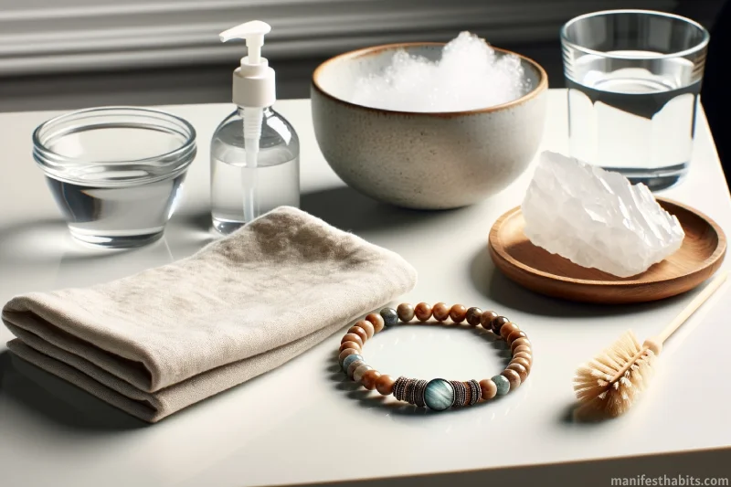 Image of a beaded manifestation bracelet sitting on a white, modern table. Alongside it are simple cleaning supplies.