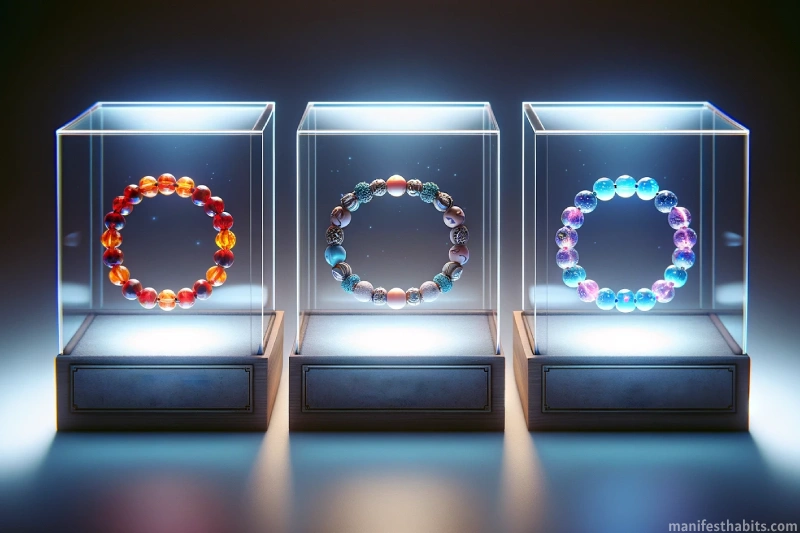 Image of three distinct Manifestation Bracelets in separate glass cases with unique designs and colorful beads.