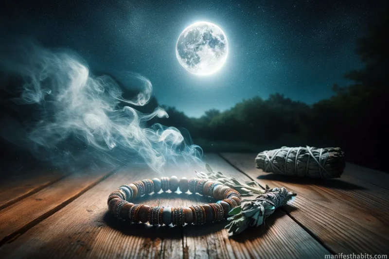 An image of a beaded bracelet being cleansed on a wood surface under a full moon, with sage smoke in the night air.