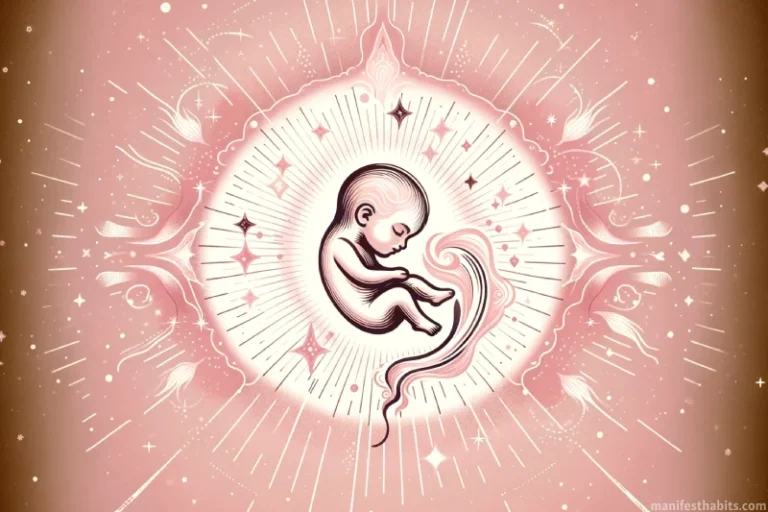 A baby fetus as the central focus, surrounded by stars and soft, radiating energy to symbolize how to manifest a baby girl.