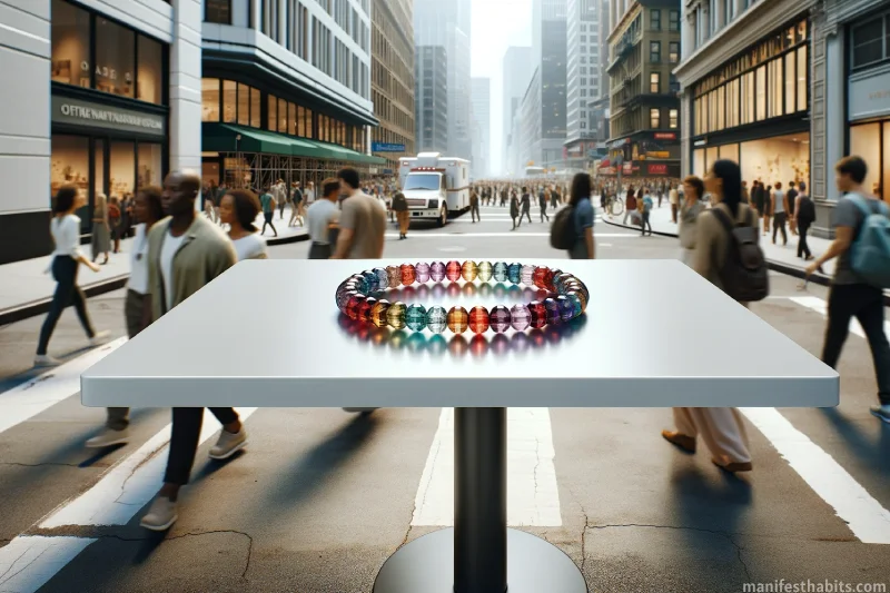 Image of a Manifestation Bracelet displayed on a modern white table in the middle of a bustling city sidewalk.