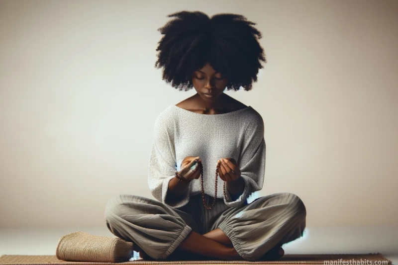 A peaceful woman meditating, sitting cross-legged, holding a beaded manifestation bracelet with her eyes closed.