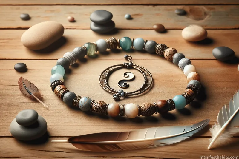 Image of a gray, blue, and brown bead bracelet symbolizing balance, accompanied by a symmetrical feather, Zen rocks, and a yin-yang symbol.