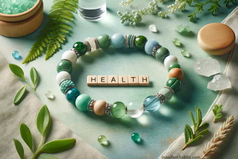 Image of a bracelet with green, blue, and white beads, surrounded by herbs, a crystal, and a water droplet, symbolizing health and vitality.