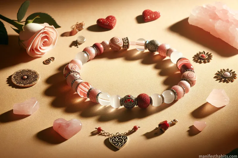 Image of a pink, red, and white beaded bracelet symbolizing love, surrounded by a rose, a heart charm, and rose quartz.