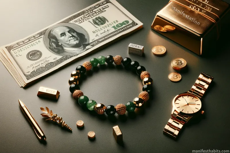 Image of a green, gold, and black bead bracelet symbolizing wealth, with money, a gold bar, and a watch in the background.