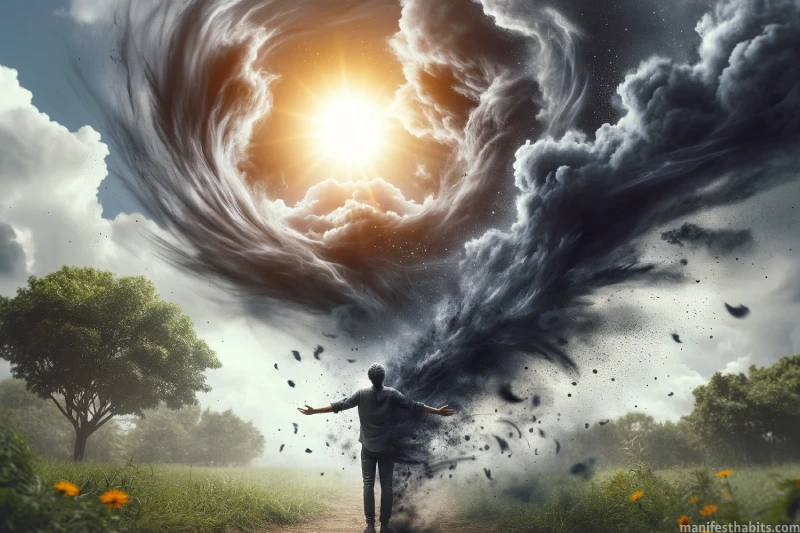 Image of dark clouds leaving a person's body, symbolizing the use of affirmations to remove negative energy and embrace positivity.