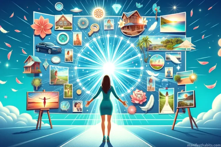 Image of a woman before a vision board displaying her dream house and car, symbolizing how to manifest things quickly.