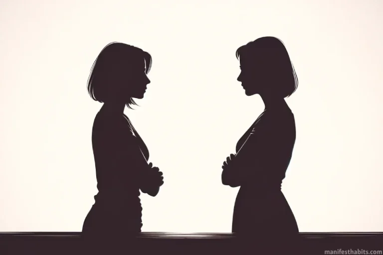 Two women in silhouette form facing eachother with body language that represents manifesting an apology.