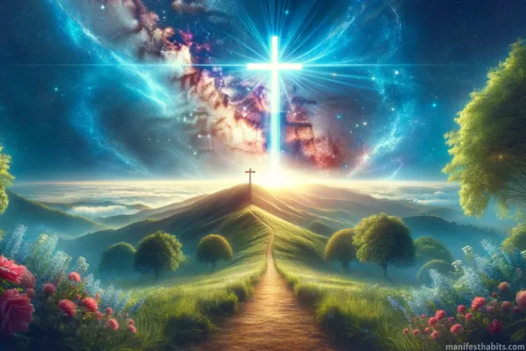 Serene landscape showing a bright cross on a hill, merging sky and galaxy, symbolizing manifesting as a Christian.