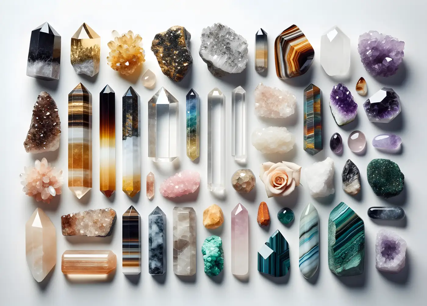 Store Banner showing a variety of manifestation crystals, arranged beautifully on a white background.