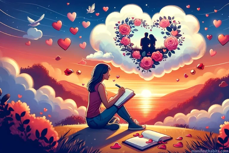 woman sitting on a hill at sunset using a notebook and pen to manifest romance, surrounded by heart-shaped clouds and symbols of love.