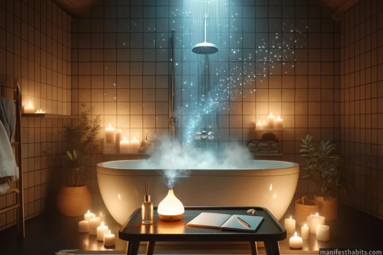 Serene modern bathroom shower with a table holding a gratitude journal and an oil diffuser emitting galaxy swirl mist, representing how to manifest in the shower.