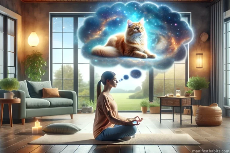 Woman sitting in her living room in a meditation pose with a thought bubble above her head manifesting a cat.