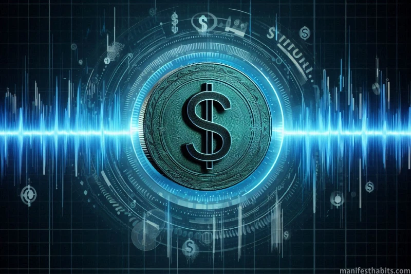 Glowing green money sign, with vibrant sound wave frequencies radiating outward in blues and greens, representing the best frequency for manifesting money.